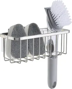 Luxury kitchen sink suction cup holder suitable for sponge, washer, soap, kitchen, bathroom, 304 stainless steel (brushed texture)
