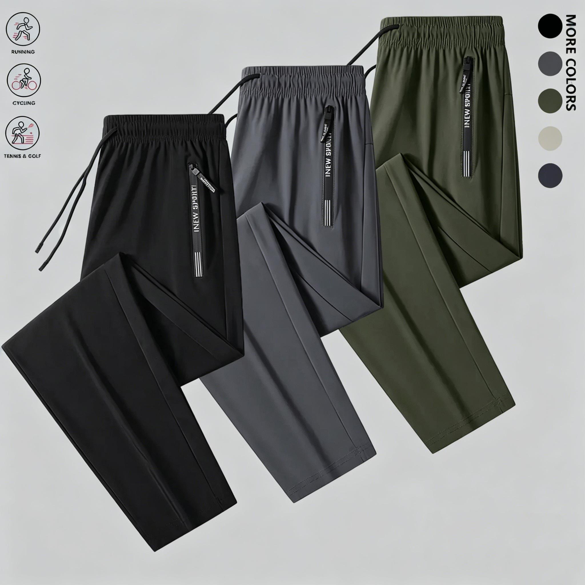 Men’s slim fit ice silk cool-touch lightweight long pants, 3-pack — drawstring elastic waistband design, zippered pockets; a summer essential for everyday casual wear. This flat-foot long pants is ideal for outdoor running and fitness.