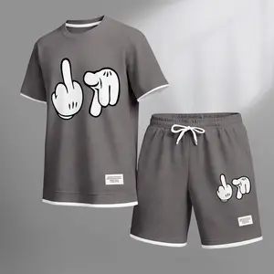 Men's Prank Finger Print Waffle Fabric Short-Sleeved Shirt And Shorts Set