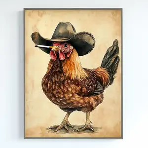 Cowboy Rooster Vintage Poster, Western Cowgirl Art funny retro whimsical print, Cabin wall art decor illustration, Unique Gift for Men Dad