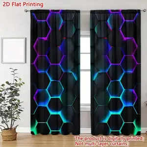 Neon Honeycomb Colorful Curtains Set of 2, Atmosphere Full Gaming Room Cool Setup, 2D Digital Print Rod Style Drapes, Room Decor Curtain