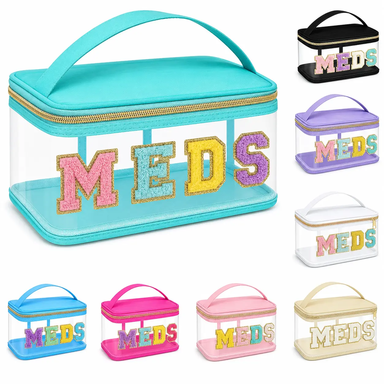 1pcs Black+7 Small Bags Stylish Chenier Letters Patch MEDS Nylon Storage Bag - Transparent Waterproof Medicine Organizer, Portable Handle-Attached Container for Patients, Travel Use