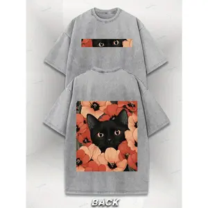 Vintage Washed Black Cat Floral Print Front Back T-Shirt Y2K Street Style Loose Fit Soft Comfortable Fabric Casual Daily Top All Seasons Wear Street Trend Aesthetic Machine Washable Versatile Retro Tee
