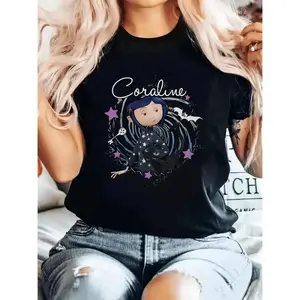 Casual Coraline Inspired Cartoon Print T-Shirt - Crew Neck, Polyester Knit Fabric, Regular Length - Black Cat and Bats Design for All Season Wear