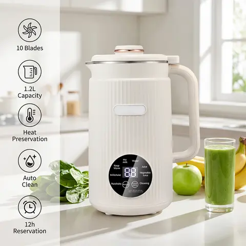 【ToolUpgrade】KEPEAK Automatic 1.2L No-Filter Compact Soy Milk Maker, Countertop Blender Household Appliance with 48-Edge Steel Blade for Even Blending, 11 Smart Preset Programs, Quiet Small Footprint for Smoothies, Soup