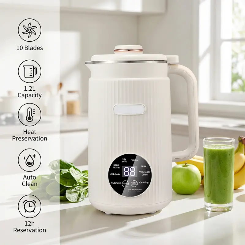 【ToolUpgrade】KEPEAK Automatic 1.2L No-Filter Compact Soy Milk Maker, Countertop Blender Household Appliance with 48-Edge Steel Blade for Even Blending, 11 Smart Preset Programs, Quiet Small Footprint for Smoothies, Soup
