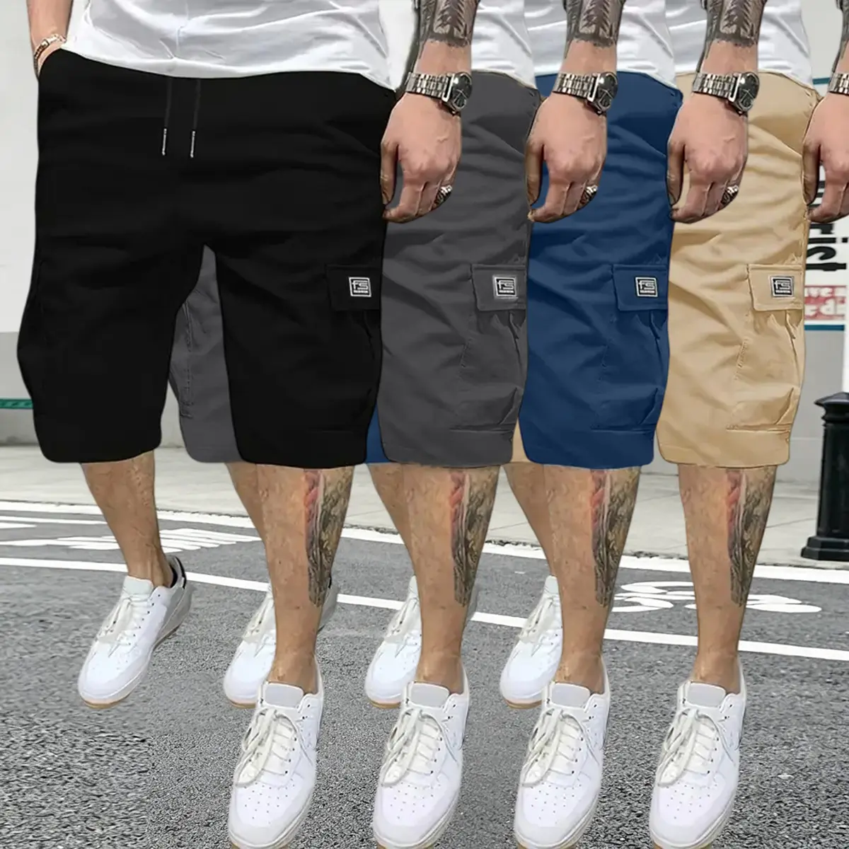 Men’s four-piece set: outdoor sports/fitness/running/casual apparel; drawstring elastic waistband; multi-functional pockets; summer shorts; men’s casual cargo pants; men’s shorts; summer clothing; menswear, summer, Father’s Day gift