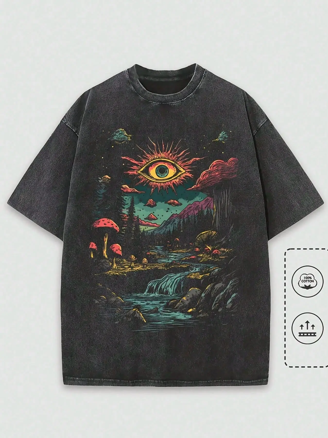 Men's Vintage Psychedelic Print Oversized Crewneck T-Shirt - Heavyweight Washed Cotton Fabric Tops, Breathable Distressed Trippy Workwear Vibe Round Neck Tee