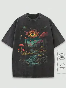 Vintage Psychedelic All Seeing Eye Magic Mushroom Forest Waterfall T-Shirt, Washed Black Cotton Oversized Short Sleeve Tee, Trippy Hippie Nature Landscape Casual Crewneck Shirt