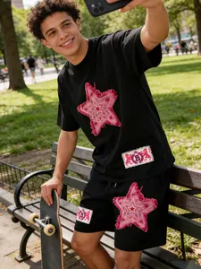 Trendy Streetwear Star Patch T-Shirt Shorts Set, Unisex Casual Drawstring Sportswear, Versatile Fashion Top and Bottoms, Matching Outfit