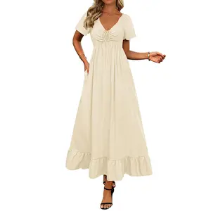 Womens Spring Dresses 2025 Casual Short Sleeve V Neck Drawstring Wedding Guest Maxi Dresses Boho Beach Long Dress