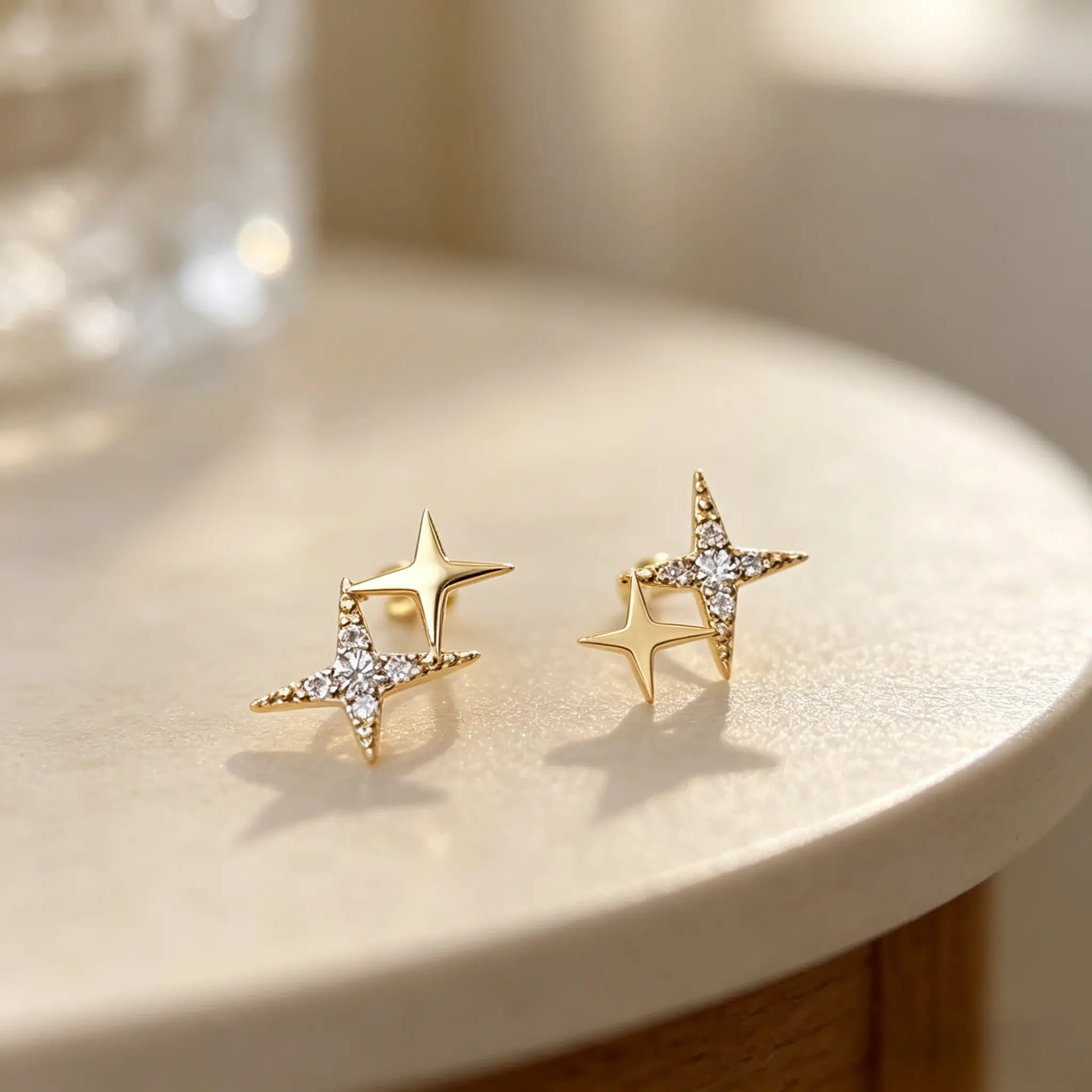 Gold Double Star CZ Stud Earrings| Dainty Celestial Design| Perfect Daily & Gift Jewelry