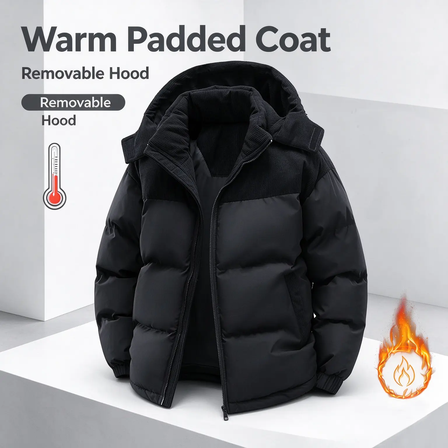 New men’s winter hooded fleece jacket with removable hood, warm color-block cotton outerwear, couples’ winter cotton zip-up top, thick, warm, cold-resistant cotton coat, suitable for everyday outings and casual gatherings