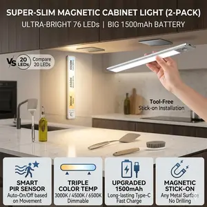 Under Cabinet Lights, Motion Sensor Night Light Indoor, 1500mAh USB Rechargeable Light, Magnetic Installation Dimmable Lights for Kitchen, Wardrobe, Pantry, Closet, Bathroom, Stairs, Sink Cabinet, Garage, Mother's Day gift