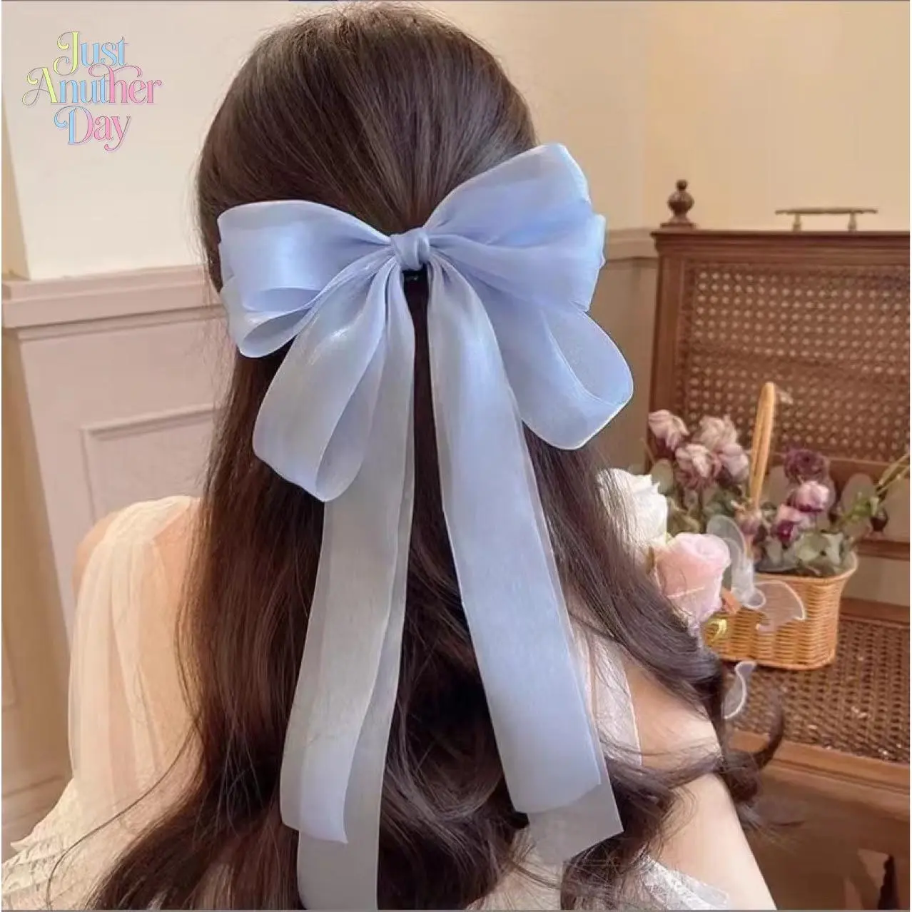 Elegant Oversized Organza Bow Hair Clip with Long Ribbon, Light Blue Sheer Bow Barrette, Back Head Spring Clip for Women, Fairy Hair Accessory for Wedding Party Daily