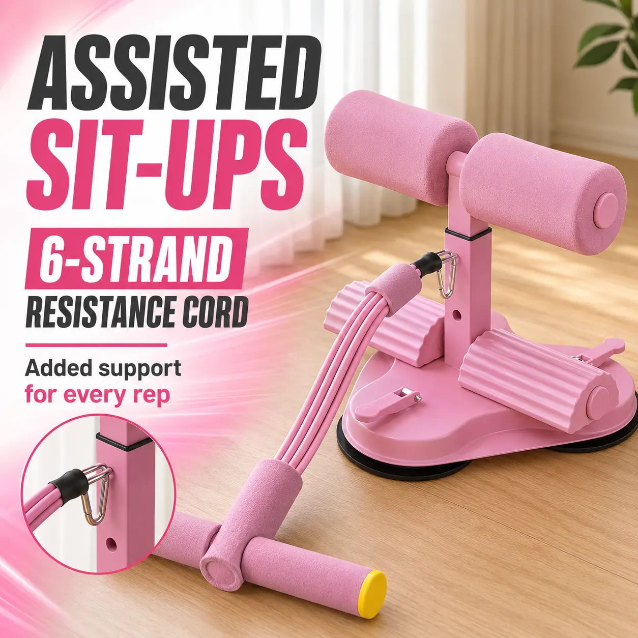 Adjustable Sit-Up Bar with 3 Suction Cups and 6-Strand Resistance Rope, Portable Footrest Holder for Core Training and Home Workouts