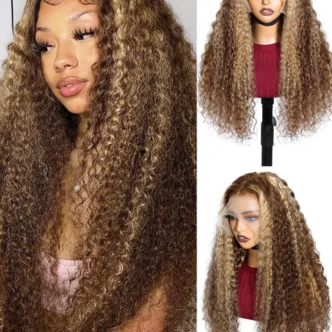 13x6 Lace Front Wig Human Hair P4/27 Ombre Honey Blonde Highlight Water Wave Curly Wig 180% Density Pre Plucked Baby Hair
