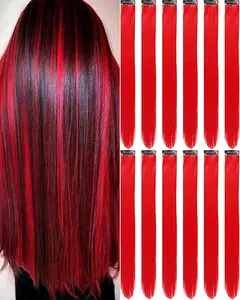 12 PCS Red Hair Extensions Clip in, 22 Inch Colored Hair Extensions Party Highlights Long Straight Synthetic Hairpieces for Women Kids Girls Cosplay