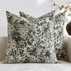 Vintage Floral Throw Pillow Pack of 2 Country Farmhouse Accents Chenille Jacquad Decorative Square Pillow Cases for Living Room Couch Bed Home Decor, Olive Green
