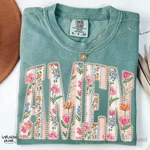 Comfort Color PRINT Amen Floral Pearl T-shirt, Faux Christian Spring Sublimation Shirt, Vintage Faith Shirt Graphic, Patchwork Flower Lettering - TrendWear USA