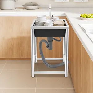 Portable Freestanding Stainless Steel Sink with Faucet, Single Bowl Kitchen Laundry Utility Basin for Basement Garage Bar Garden, Silver Black