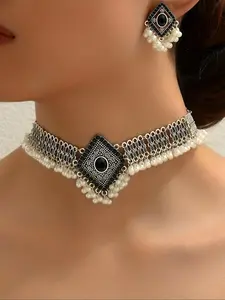 Faux Pearl Decorated Geometric Design Pendant Necklace & Dangle Earrings, Fashion Rhinestones Jewelry Set for Party, Classic Fashion Accessories for Daily Wear, Elegant Jewelry Set