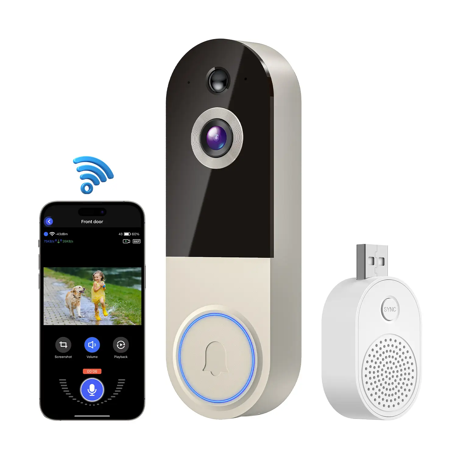 Smart Wireless Video Doorbell Camera , AI Human Detection, 2.4G WiFi, Two-Way Audio, Battery Rechargeable, Night Vision, Real-Time Alerts, Motion Dete