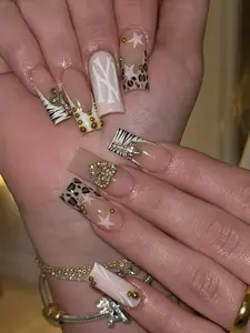 Coquette Cross Press On Nails, Nude Pink Y2K Nails, Zebra Leopard French Tip Nails, Glam Rhinestone Acrylic Nails, Luxury Indie Nails