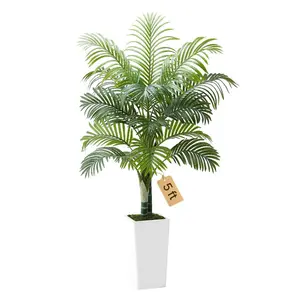 5 ft Artificial Areca Palm Tree - Artificial Flower Plant, Tropical Silk Leaves Decorative Fake Greenery, Tall White Planter, Indoor Plants Decor for Home Office, Housewarming Gift