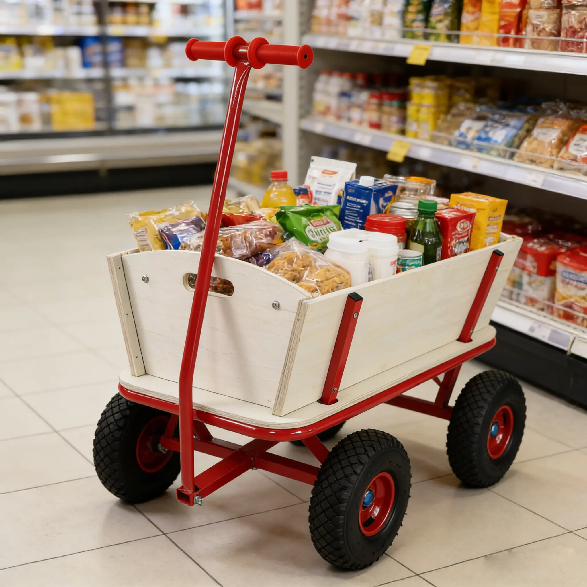 Kids Outdoor Wooden Wagon Cart with Metal Frame, Red Push Handle, 260LBS Capacity, Light Wood Cargo Box, Four Rubber Tires, for Yard Park Picnic Play, 39.37 x 15.75 x 20.28 Inches