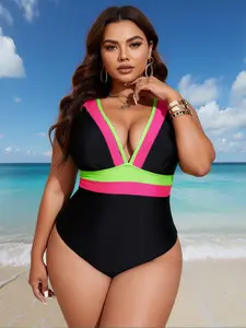 2026 Summer Plus Size Curvy Girl Black Color-block Women's One-piece Swimsuit Deep V-neck Gradient Trim One-piece Slimming Tummy Control Design Suitable for Beach Pool Vacation