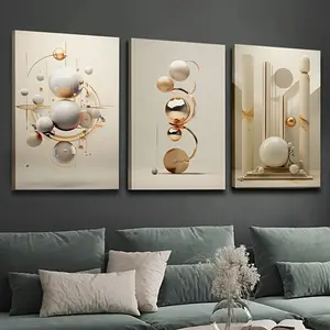 2D flat effect, 3-piece framed canvas poster set, ready to hang and use, modern geometric sphere abstract art painting combination, high-definition printing, wall decoration, creative gift, suitable for living room, bedroom, dining room, hallway, office d