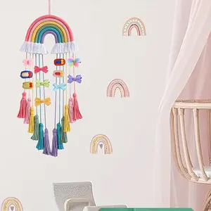 [Bohemian Rainbow Wall Hanging] Vibrant Bohemian Rainbow Wall Hanging - Handcrafted Macrame, Colorful Bow Tassels & Pom-Poms - Wall Decor for Home, Room, Classroom, Dorm, or Party