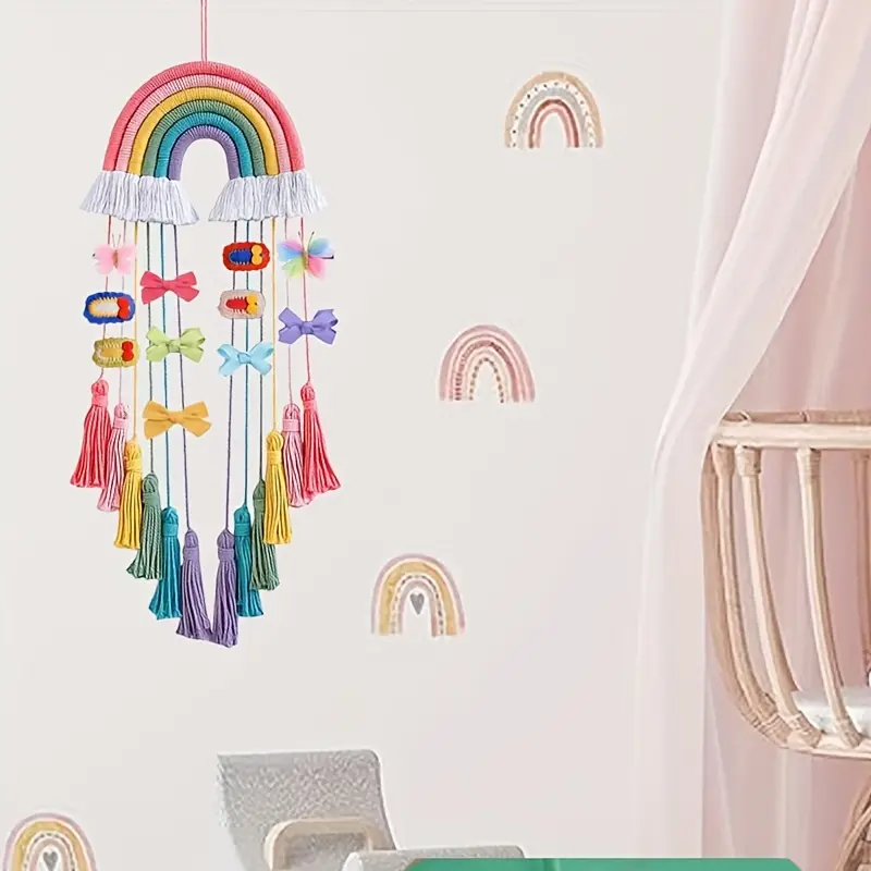 [Bohemian Rainbow Wall Hanging] Vibrant Bohemian Rainbow Wall Hanging - Handcrafted Macrame, Colorful Bow Tassels & Pom-Poms - Wall Decor for Home, Room, Classroom, Dorm, or Party