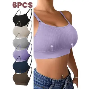 [Seamless Sports Bras] 6pcs Seamless Sports Bras - Breathable, Wire-Free Adjustable Straps & Removable Pads for Yoga & Fitness