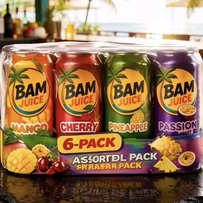 BAM Juice 6-Can  Assorted Flavors - Mango, Cherry, Pineapple, Passion Fruit - Refreshing Beverages in Convenient Cans Sweet