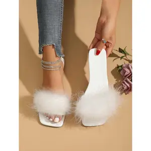 Cute Pom Pom Decor Slip on Square Toe Flat Sandals, Fluffy Decor Sandals, Fashionable Fuzzy Trim Design Sandals for Daily Wear, Casual Trendy Designer Shoes for Outdoor(Sheet)
