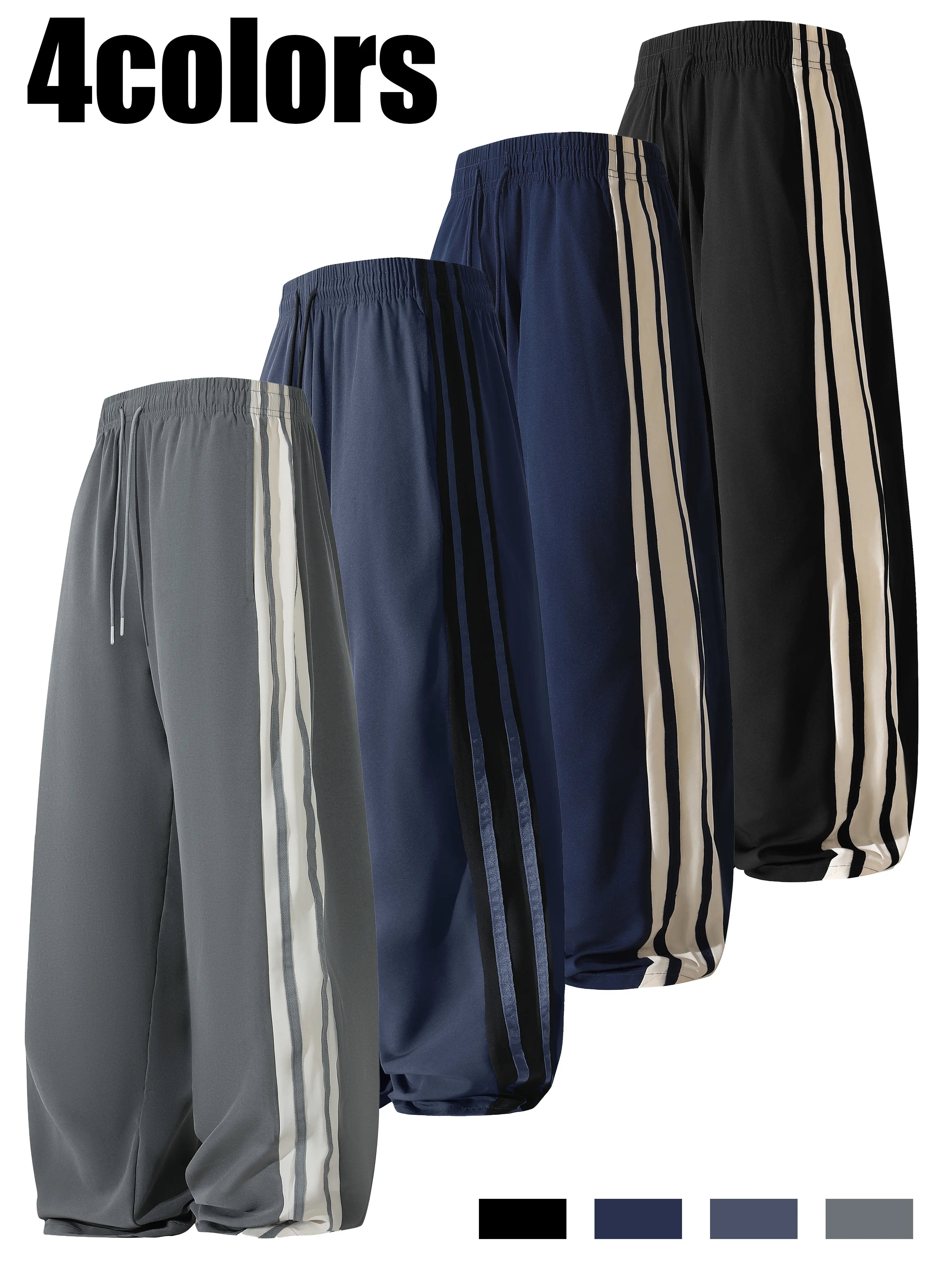 Men’s Street-Chic Polyester Jogger Sweatpants - Stripped Look, Elastic Drawstring Waist, Comfortable Loose Fit, Long Trousers