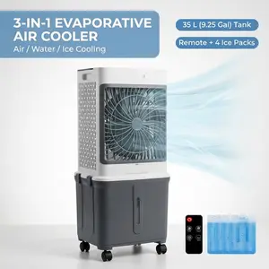 Portable Air Cooler Fan, 3-IN-1 Evaporative Tank Fan with Remote, 3 Modes 3 Speeds &12H Timer, 1.16/9.5Gal , 4 Ice Packs & 4 Wheels, 45° Oscillation, Quiet Swamp Cooler for Room Home Office