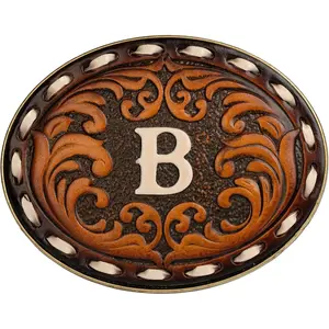 Western Belt Buckle for Cowboy & Cowgirl - Handmade Leather Engraved Initial Letter ABC To Z Western Style Accessory