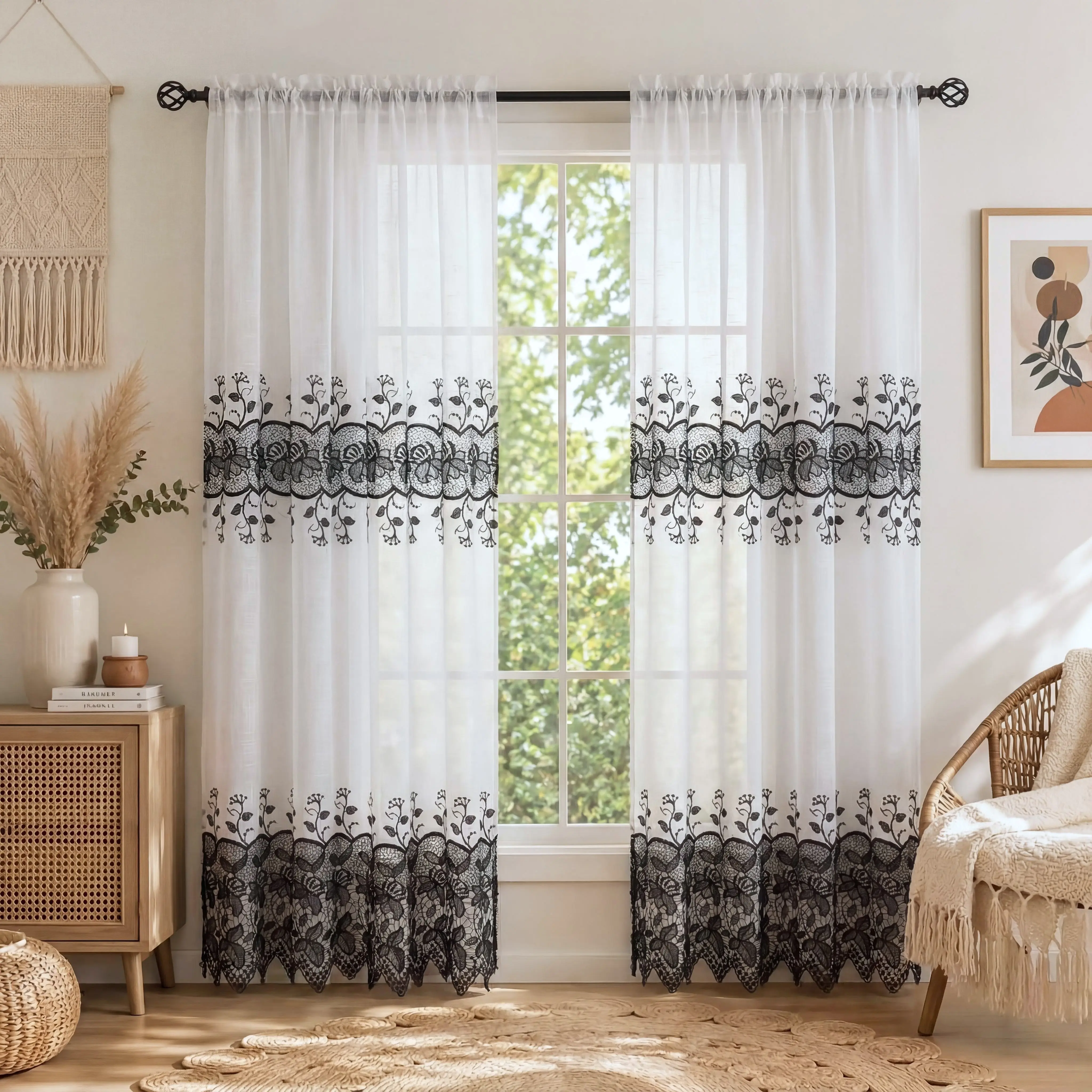 2-Piece 52x84 in Rod Pocket Curtains, Traditional Cross-Grain Linen Fabric with Exquisite Water-Soluble Embroidery Hollowed Flowers, Fade-Resistant Bedroom Window Drapes for Room Decor, Home Decor Items, Bedroom Inspo FT555