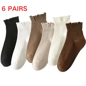 6 Pack Women’s Ruffle Socks Cotton Ankle Socks Ribbed Casual Cute Soft for Women Girls Frilly Breathable Socks Comfy Trim Flounce Lettuce Design Socks 6 Pairs of Solid Multi Colors Knit Sock for Spring Summer Daily Wear One Size 5-9