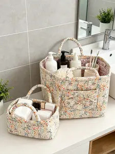 Floral Quilted Storage Basket Bathroom Organizer with Handles and Pockets, Multipurpose Desktop and Wardrobe Storage Basket for Home, Dormitory and Travel, Available in Specifications