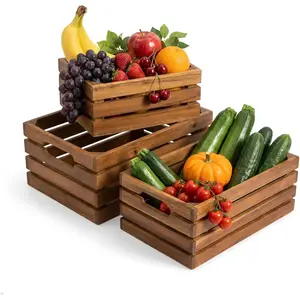 Nesting  Storage Crates (Set of 3) -  Acacia  Stackable Wooden Boxes for Storage & Organization - Decorative Wooden Basket Set for Fruits, Shelving &  Decor