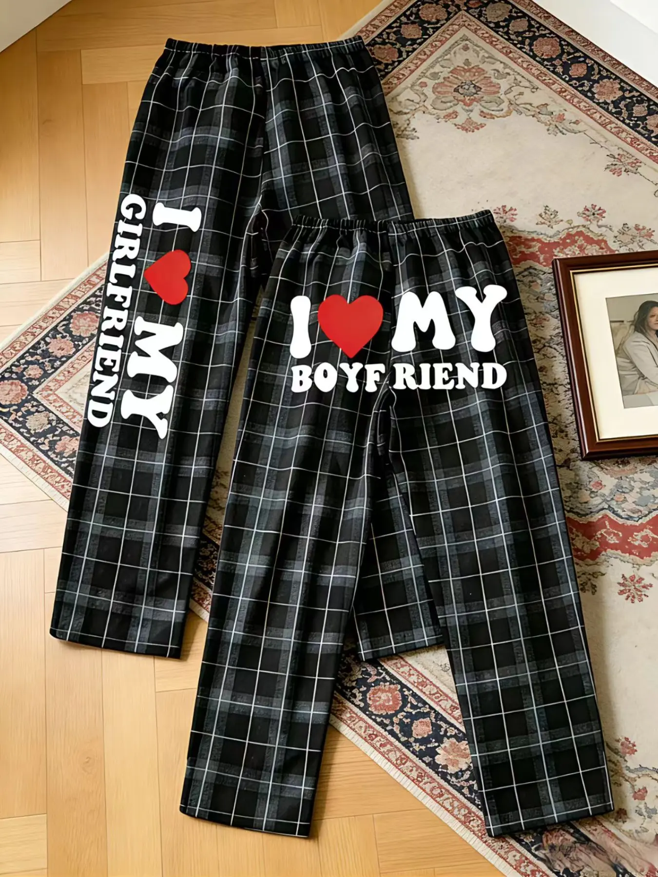 Y2K Couple Matching Plaid Lounge Pants, I Love My GF/BF Print Sleepwear, Oversized Casual Home Trousers, Comfy Streetwear Pajama Bottoms for Valentine's Day, Loungewear for Couples, Loungewear Pajamas, Soft Wide Leg Sleep Pants for Daily Wear, Green