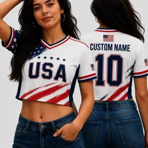Womens Red White Blue Soccer Style Crop Top Custom Name Number V Neck Breathable Quick Dry Sporty Shirt Trendy Game Day Outfit