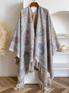 Bohemian Style Woven Paisley Print Soft Warm Shawl Scarf, Fall Winter Warmth Accessory, Loose-Fit Thick Fabric Design, Perfect for Outdoor Travel Use