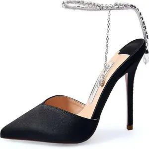Women's Crystal Rhinestone High Heel Sandals - Satin Stilettos with Ankle Strap & Sparkling Rhinestones for Special Occasions