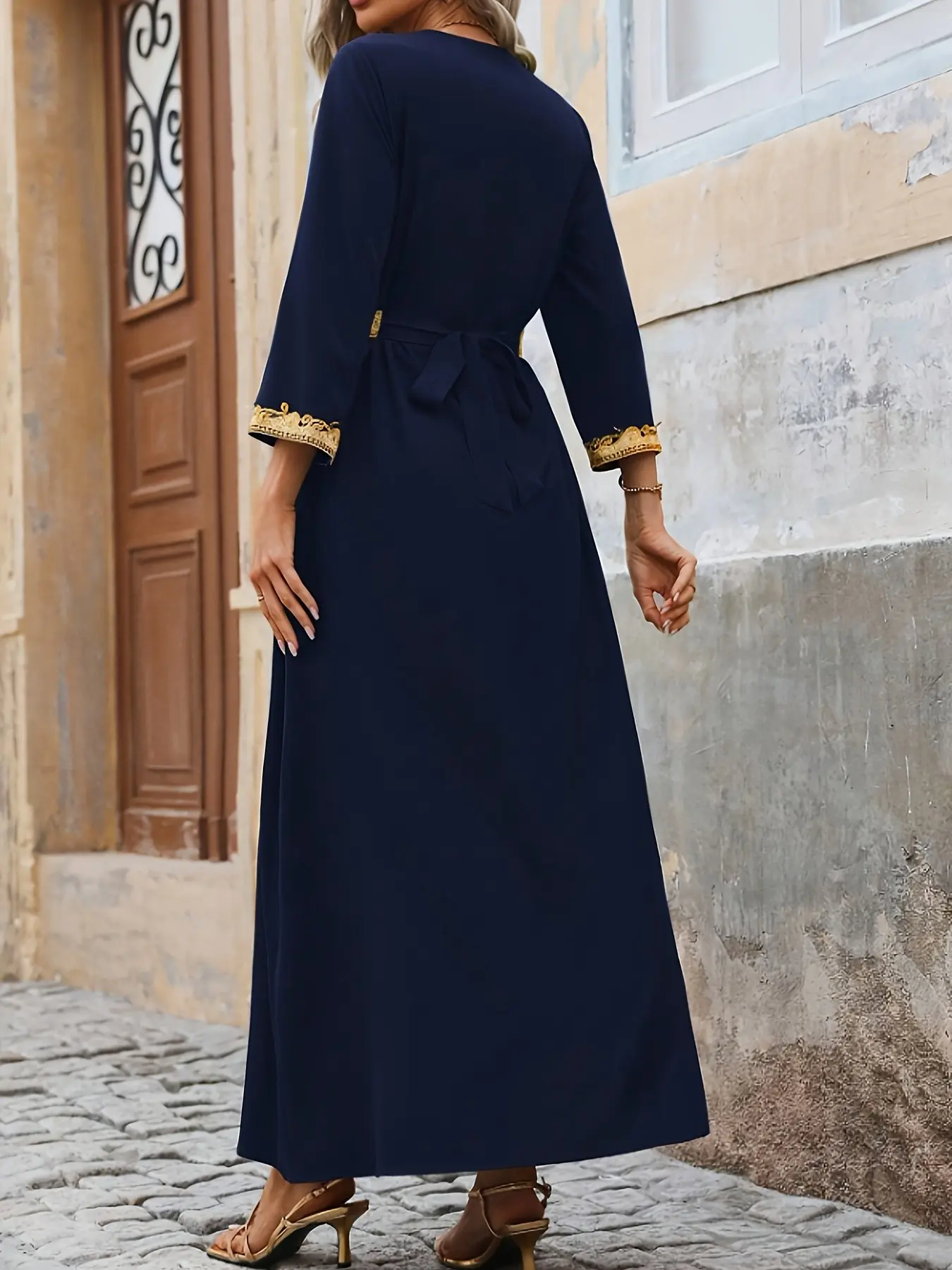 Middle Eastern Women Long Dress V Neck Belted Long Sleeve Embroidered Waistband Kaftan Fall Winter Casual Vacation Wear Tunic Dress Modest Dress, Islamic Clothing, Muslim Clothing, Modest Clothes