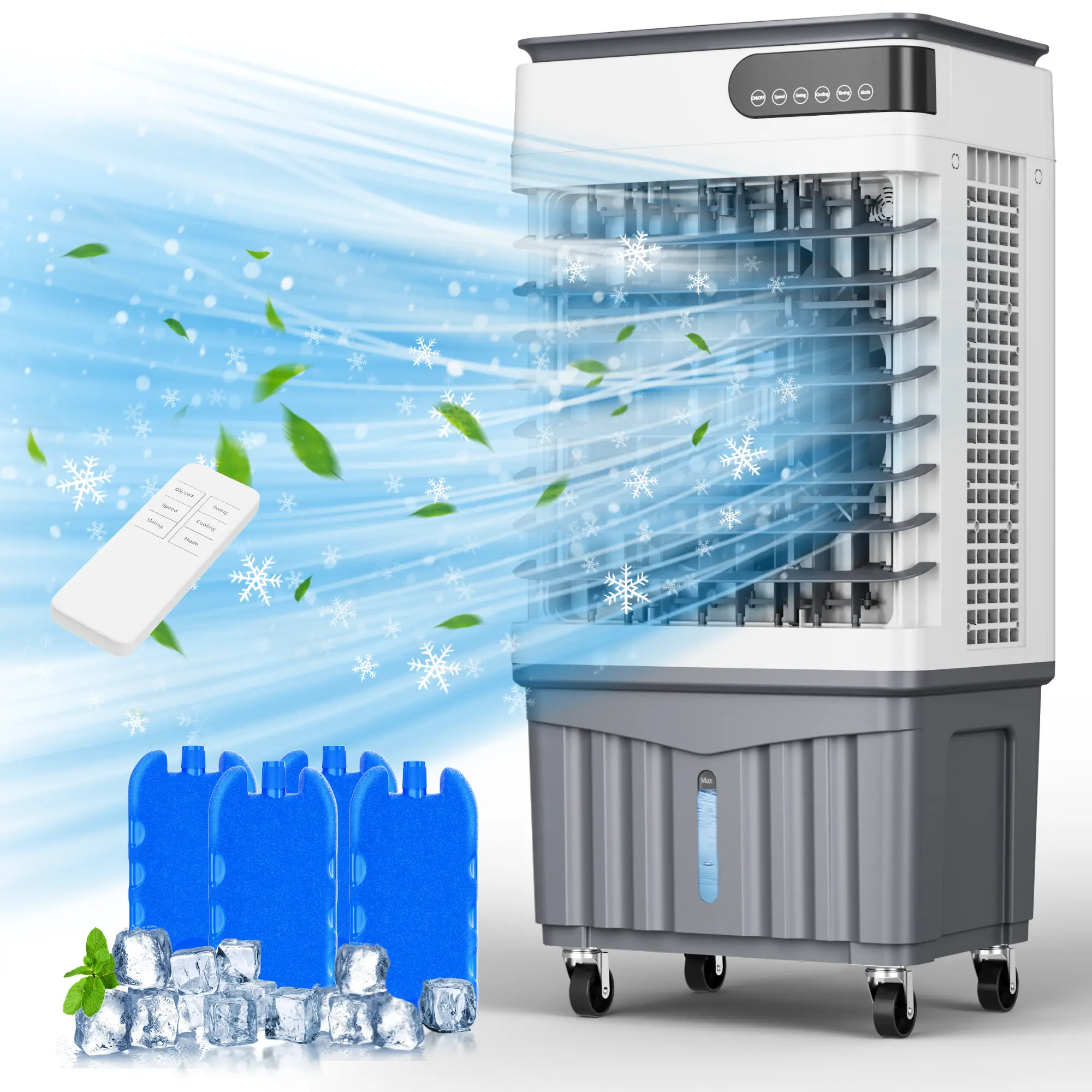 Swamp Cooler Air Conditioners, Evaporative Air Cooler with Extra-large 13.2 Gallon Tank, 4 Ice Box, 3 Speeds, 12H Timer, LED Touch & Remote, Windowles